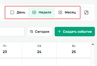 Кнопки «День», «Неделя» и «Месяц» в правой части верхней панели, над кнопками создания события и возврата к сегодняшней дате