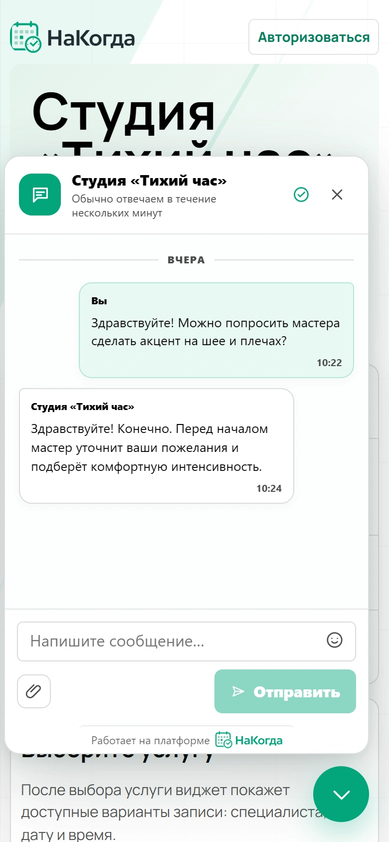 Мобильный чат клиента с вопросом об услуге