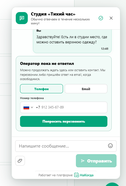 Чат сообщает, что оператор пока не ответил, и предлагает оставить контакт